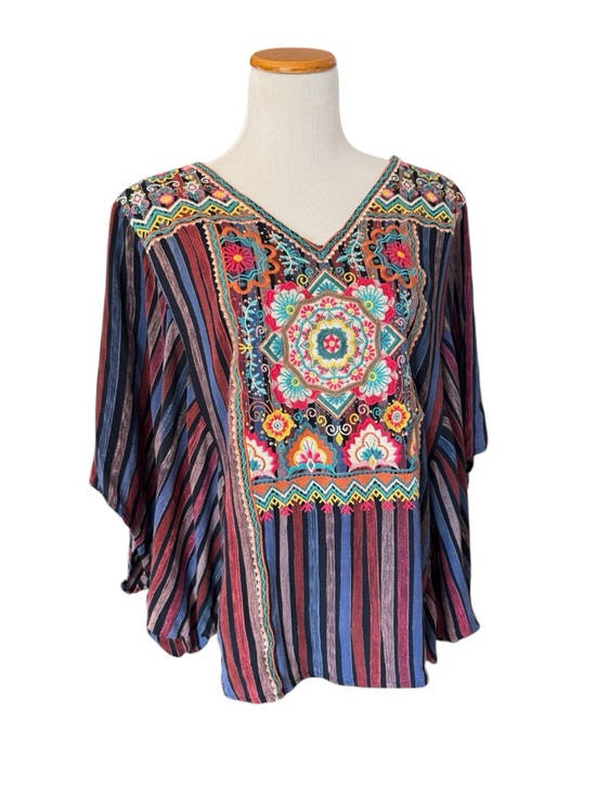 Savanna Jane Tops - Savanna Jane Multicolor Embroidered V-Neck Striped Tunic